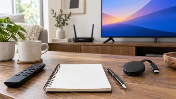 Illustrative checklist beside a remote and generic HDMI receiver