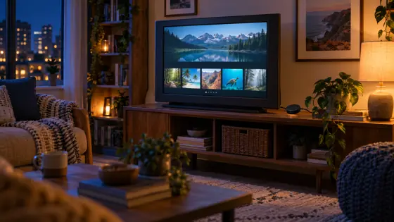 Illustrative evening television nook with an abstract streaming menu