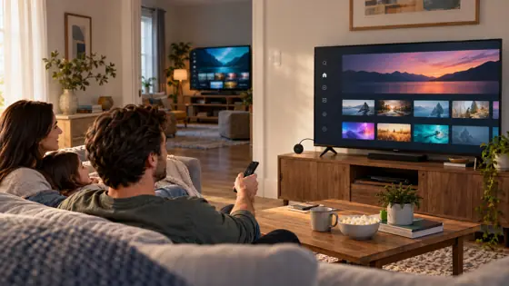 Illustrative family room with televisions showing fictional media menus