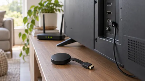 Illustration of an HDMI receiver beside a television and home Wi-Fi router