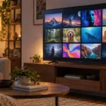 Illustrative living room with a TV showing fictional entertainment tiles and a generic HDMI receiver