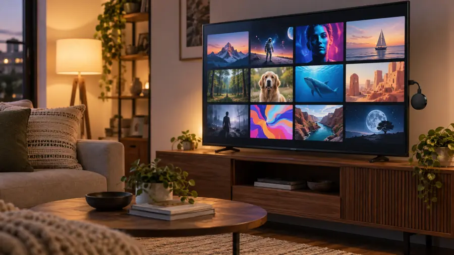 Illustrative living room with a TV showing fictional entertainment tiles and a generic HDMI receiver
