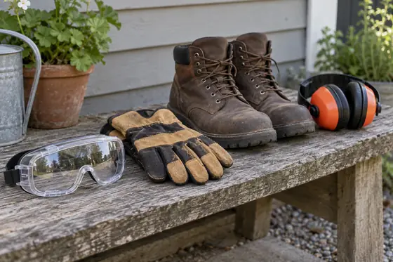 Illustrative safety goggles, gloves, sturdy boots and hearing protection on an outdoor bench