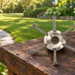 IronCut six-wire trimmer head on a garden workbench beside a lawn
