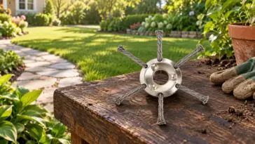 IronCut six-wire trimmer head on a garden workbench beside a lawn