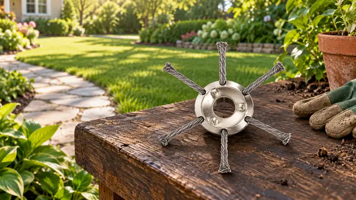 IronCut six-wire trimmer head on a garden workbench beside a lawn