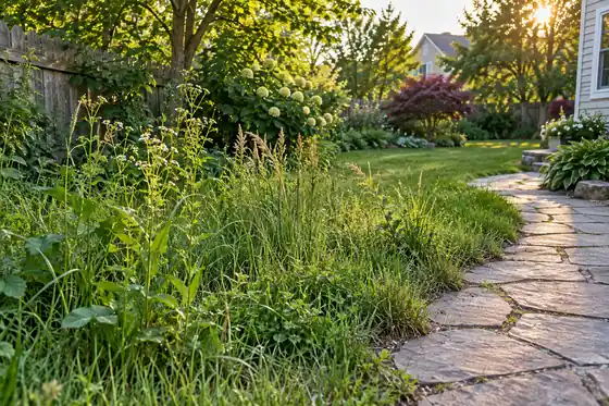 Illustrative overgrown grass and weeds beside a stone backyard path