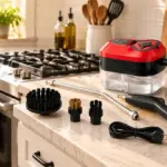 Power Blast Plus Steam Cleaner with hose and brushes on a kitchen counter beside an oven