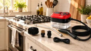 Power Blast Plus Steam Cleaner with hose and brushes on a kitchen counter beside an oven