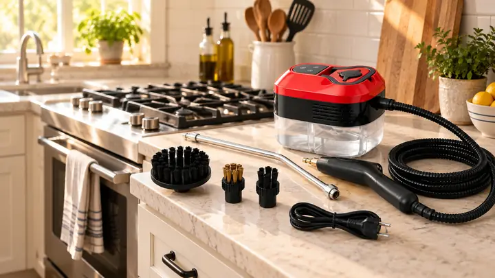 Power Blast Plus Steam Cleaner with hose and brushes on a kitchen counter beside an oven