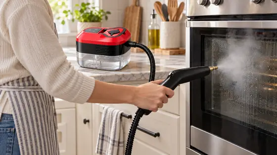 Illustrative kitchen scene showing the steam cleaner nozzle near an oven door