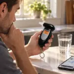 Man checking a SoberBreath-style tester while car keys remain set aside