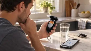 Man checking a SoberBreath-style tester while car keys remain set aside