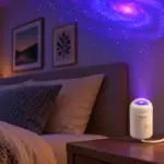 Illustrative bedroom with a compact white StarNest-style projector and a soft star scene