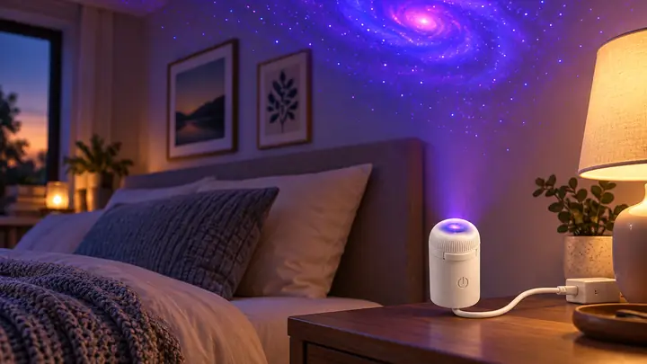 Illustrative bedroom with a compact white StarNest-style projector and a soft star scene