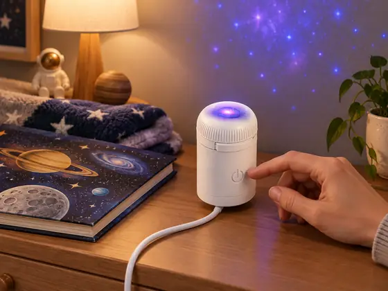 Illustrative bedside scene with a compact projector and astronomy book