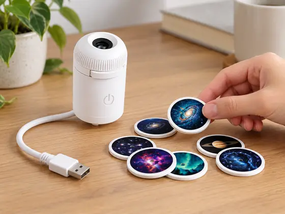 Illustrative scene of an adult selecting a galaxy disc beside a StarNest-style projector