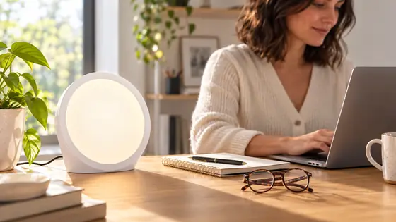 Sunniva Light glowing beside a laptop in a bright home office