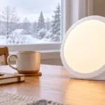 Sunniva Light glowing on a table beside a snowy winter window