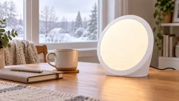 Sunniva Light glowing on a table beside a snowy winter window