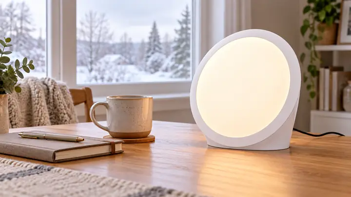 Sunniva Light glowing on a table beside a snowy winter window