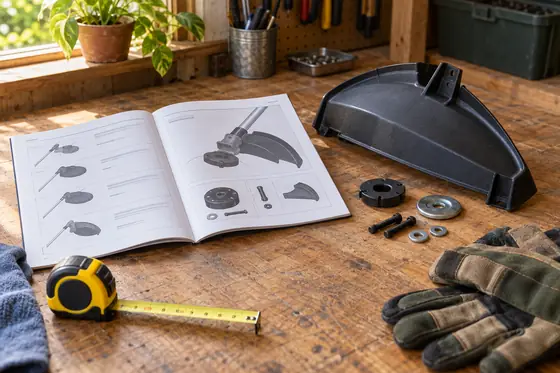 Trimmer manual, guard and mounting hardware laid out beside a tape measure