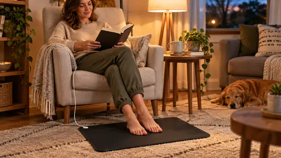 Person reading with bare feet on a black Velin-style grounding mat