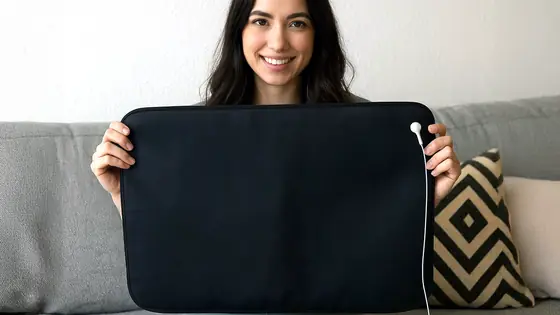Official image of a woman holding the Velin Grounding Mat and its white cord