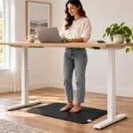 Bare feet on a Velin Grounding Mat beneath a bright standing desk