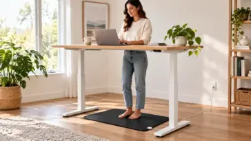 Bare feet on a Velin Grounding Mat beneath a bright standing desk