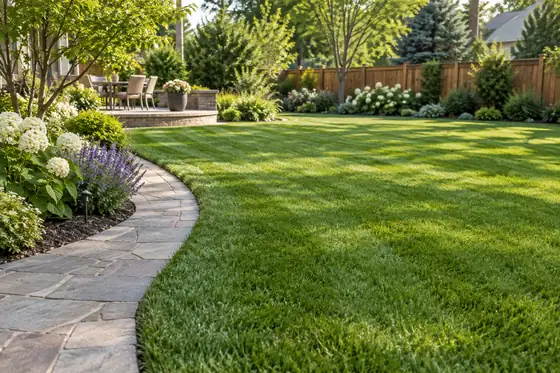 Illustrative well-kept backyard lawn with a clean stone walkway edge