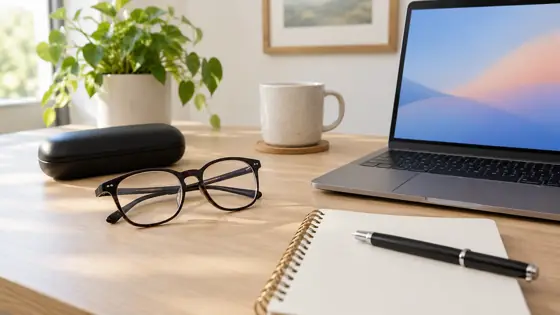 Illustrative notepad, laptop, and generic glasses for checking a purchase