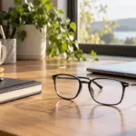 Illustrative generic eyeglasses on a daylight home office desk