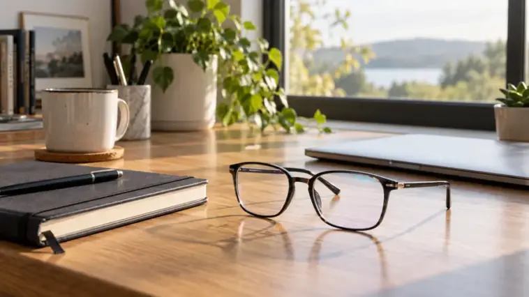 Illustrative generic eyeglasses on a daylight home office desk