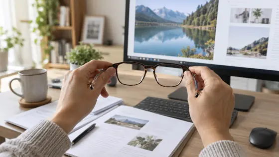 Illustrative hands holding generic eyeglasses between a monitor and printed notes