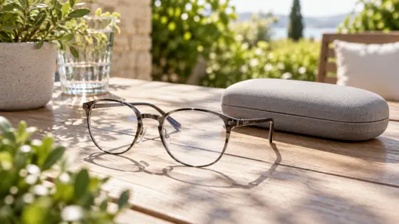 Illustrative generic eyeglasses and case on a sunny patio table