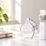 Illustrative Nebu Ease device and clear mask resting on a bright home desk