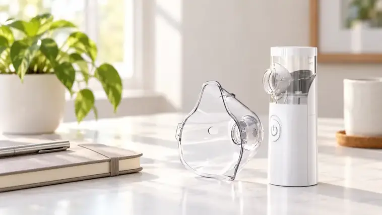 Illustrative Nebu Ease device and clear mask resting on a bright home desk