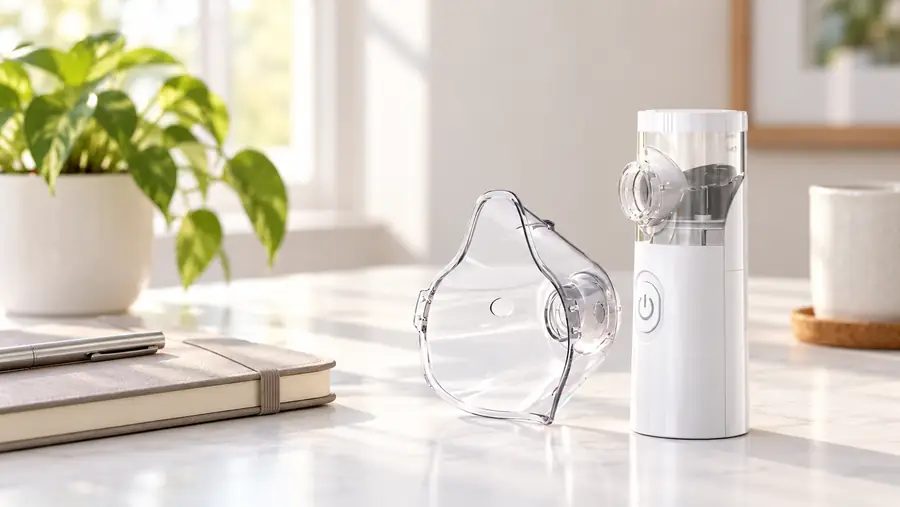 Illustrative Nebu Ease device and clear mask resting on a bright home desk