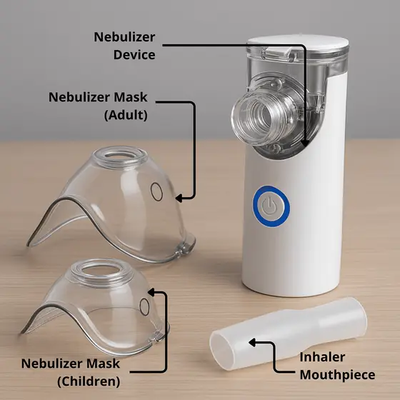 Seller diagram labeling Nebu Ease device, adult and child masks, and mouthpiece