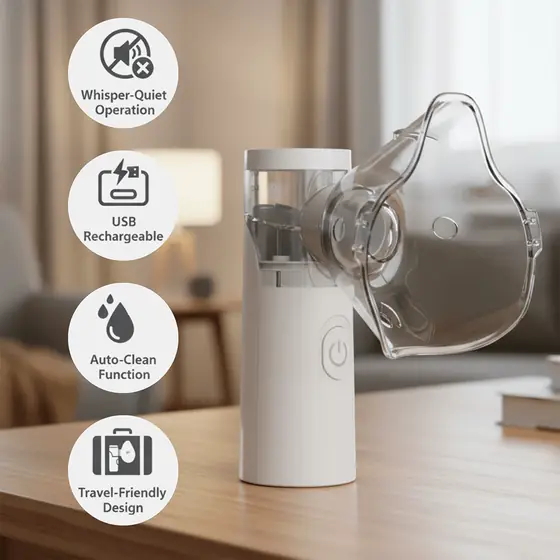 Seller feature graphic showing Nebu Ease with claims for quiet operation, USB charging, cleaning and portability