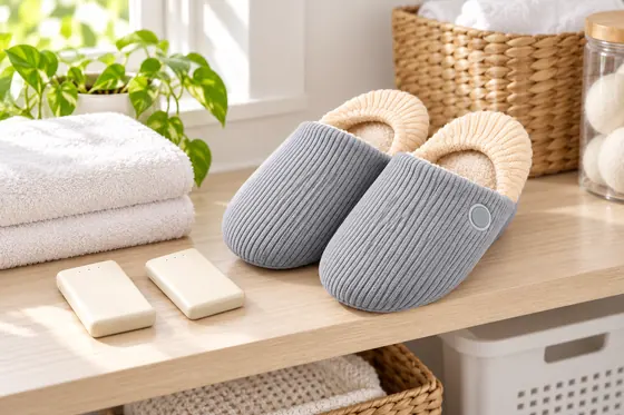 Illustrative grey heated slippers dry on a shelf beside separate power banks and towels
