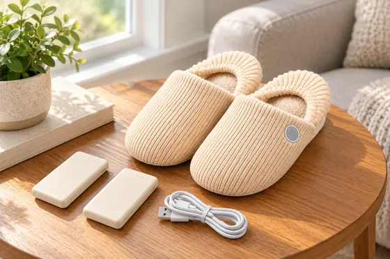 Illustrative Wattoes-style slippers with disconnected power banks and USB cable on a side table