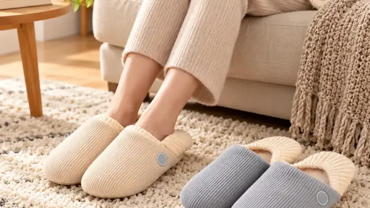 Seller photo of an adult wearing beige Wattoes slippers in a living room