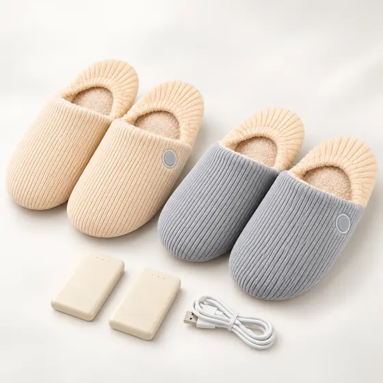 Seller image of beige and grey Wattoes slippers with two power banks and a cable