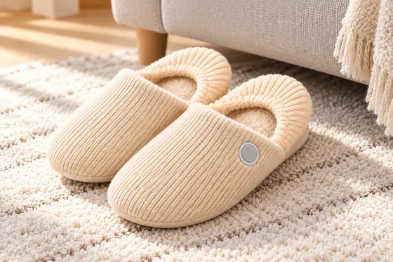 Illustrative close view of beige ribbed heated slippers and plush cuffs